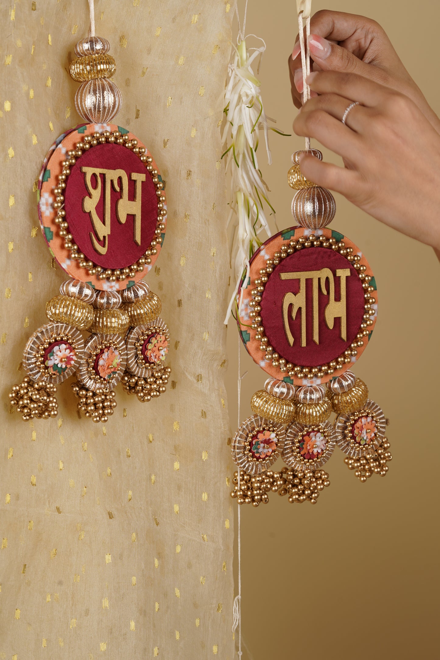 IBHI's Classic Shubh Labh Danglers- Maroon and Golden Yellow