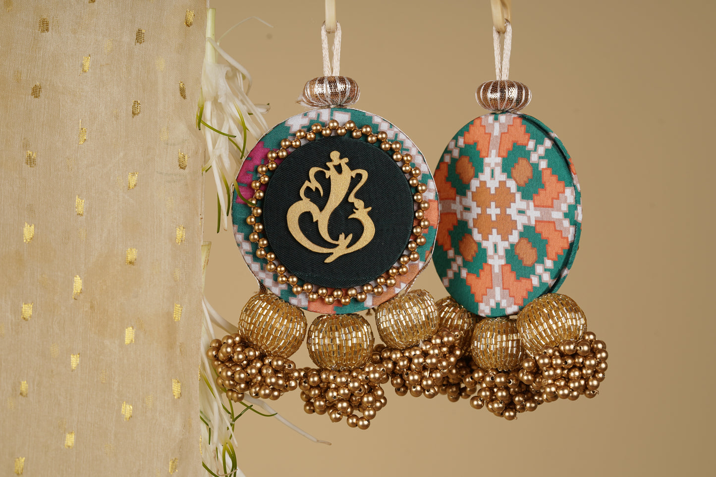 Bling Bottle Green Navratna Patola Ganesh Charms: Set of 2