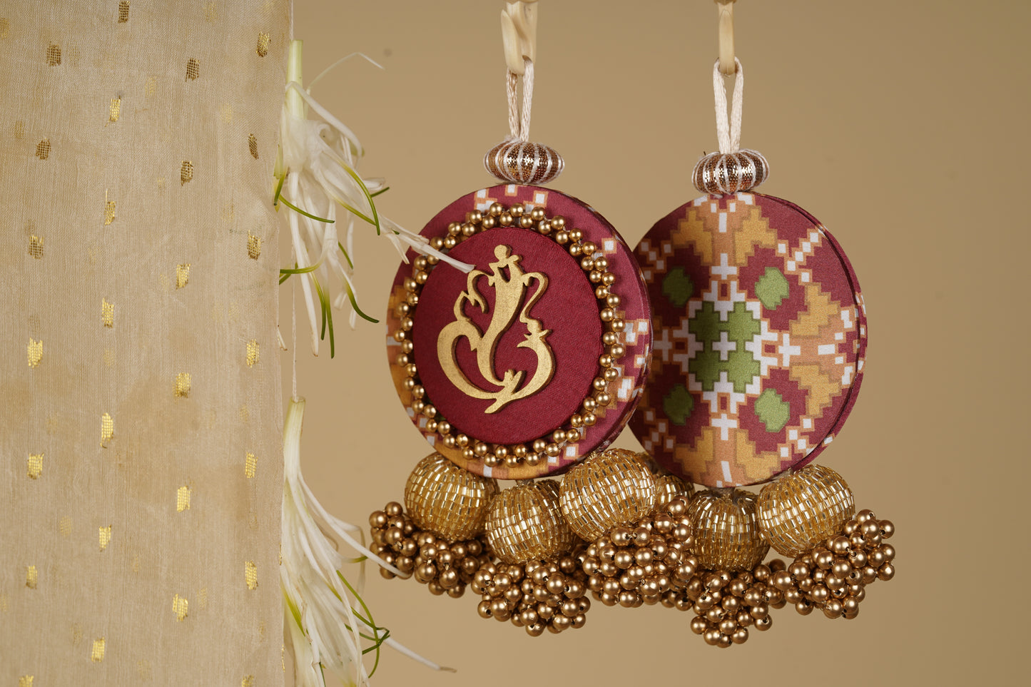 Bling Maroon Navratna Patola Ganesh Charms: Set of 2