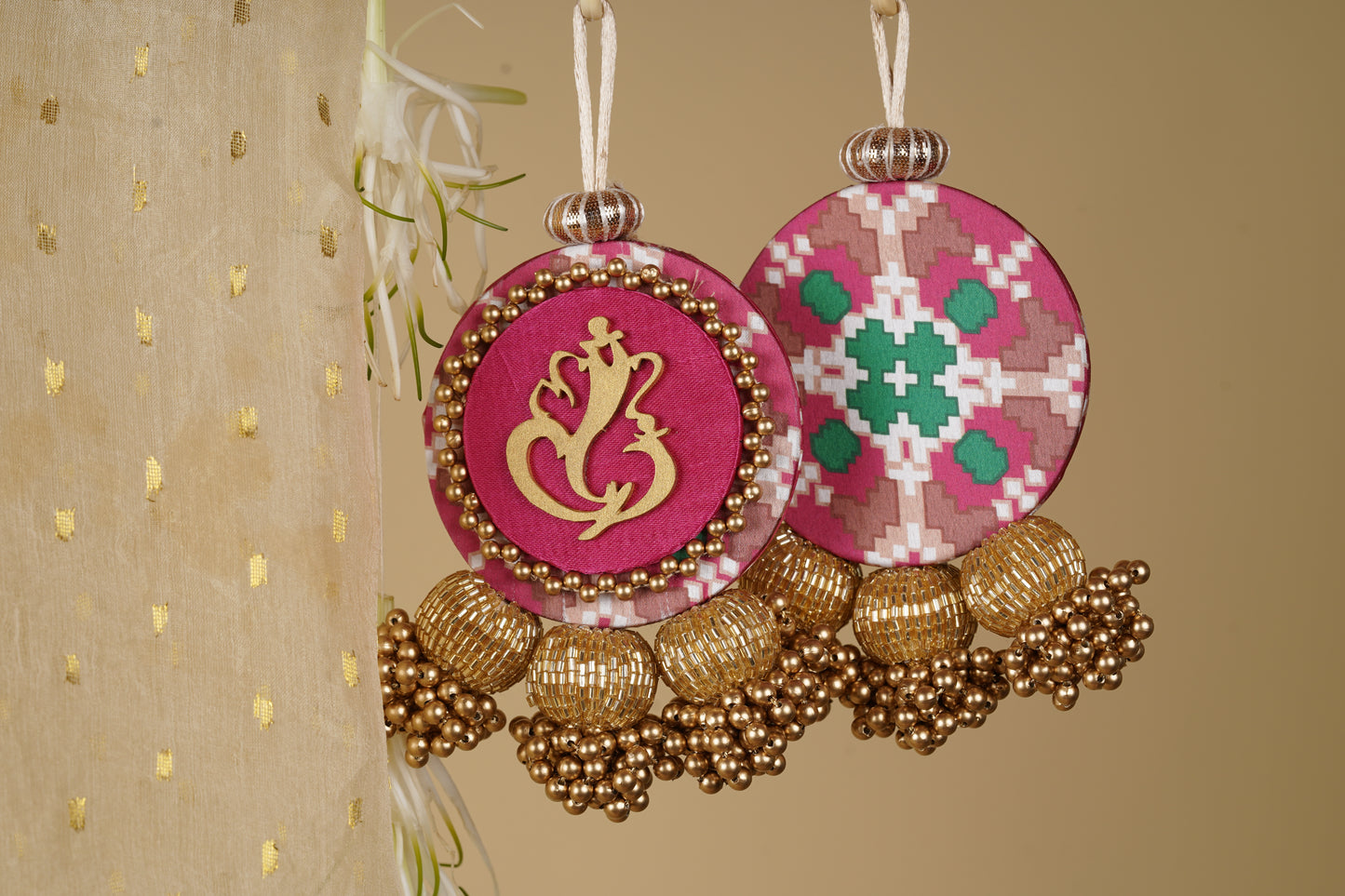 Bling Pink Navratna Patola Ganesh Charms: Set of 2