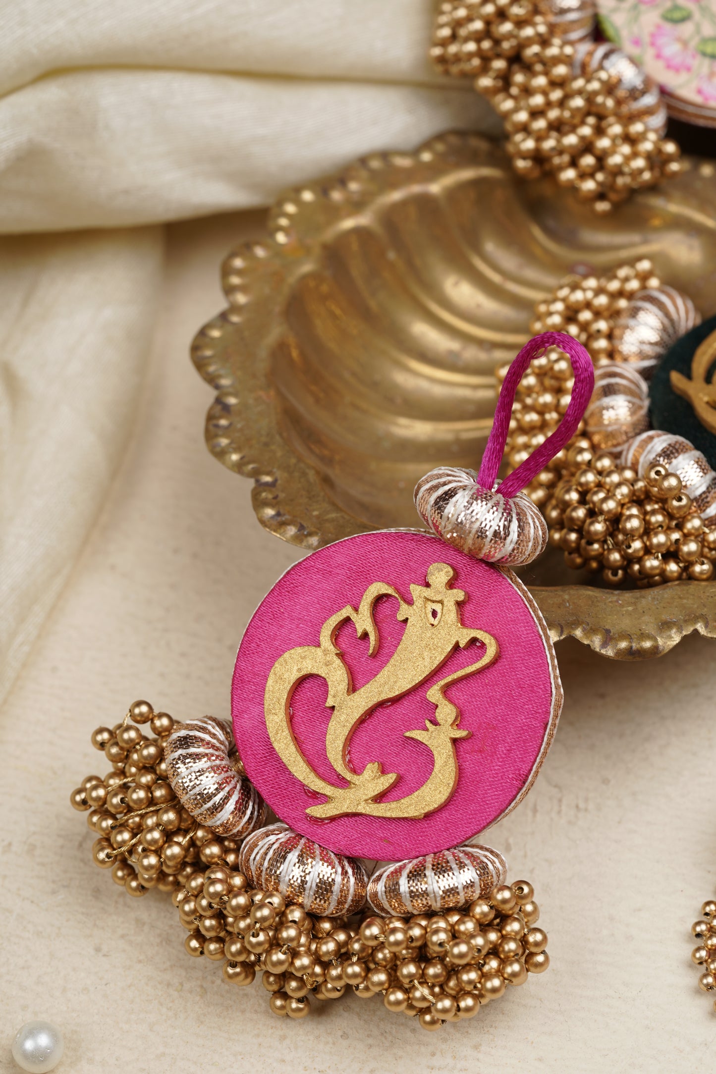 Mini Ganesh Charm- Solid Rani Pink & Navratna Patola