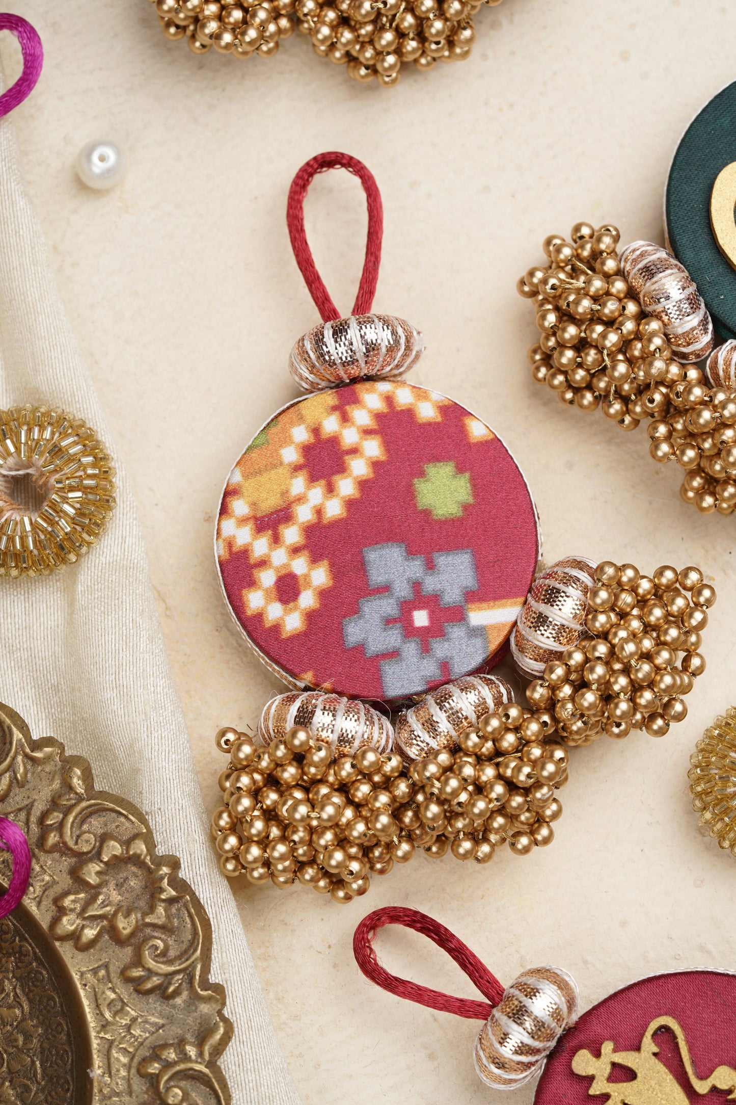 Mini Ganesh Charm- Solid Maroon & Navratna Patola