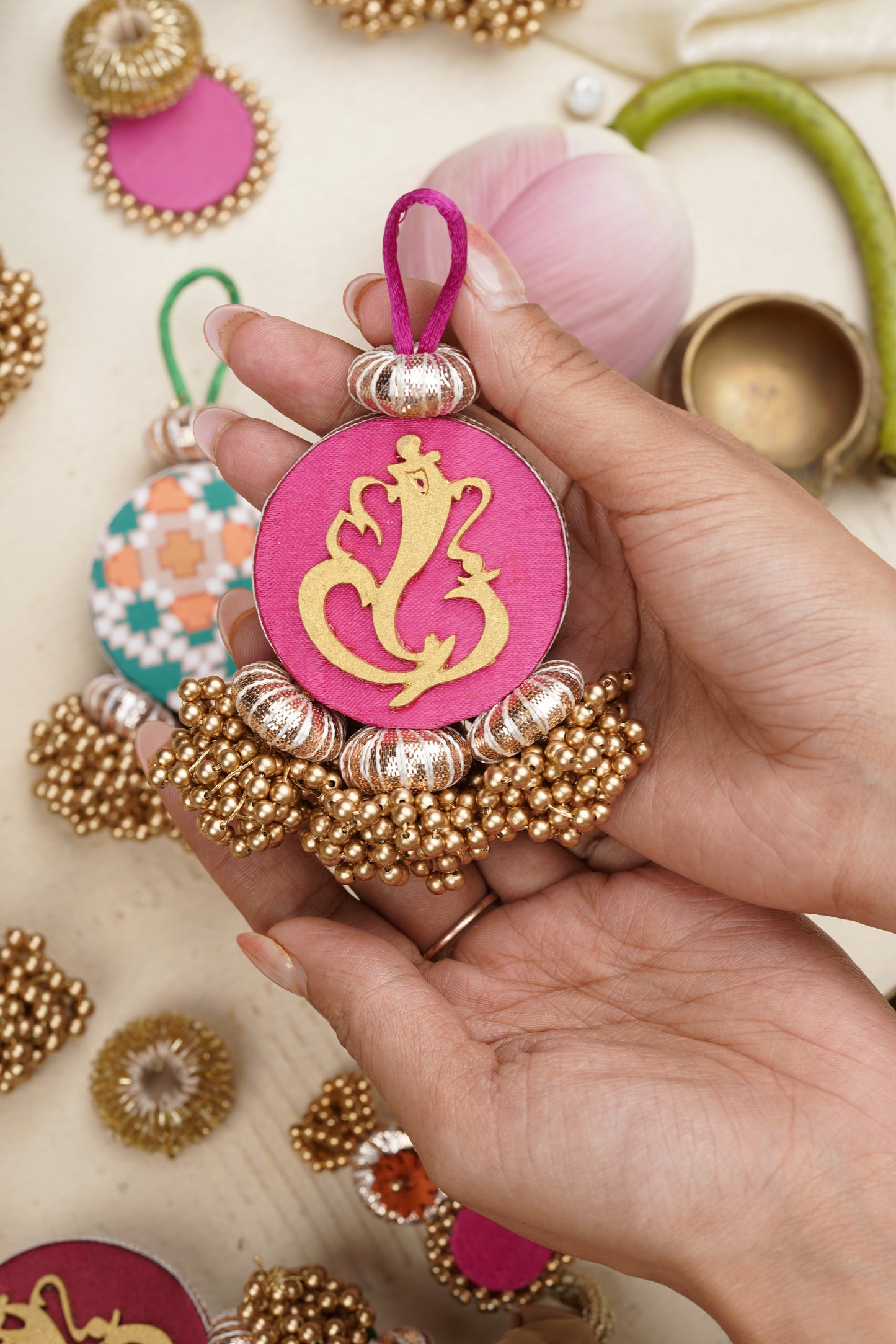 Mini Ganesh Charm- Solid Rani Pink & Navratna Patola