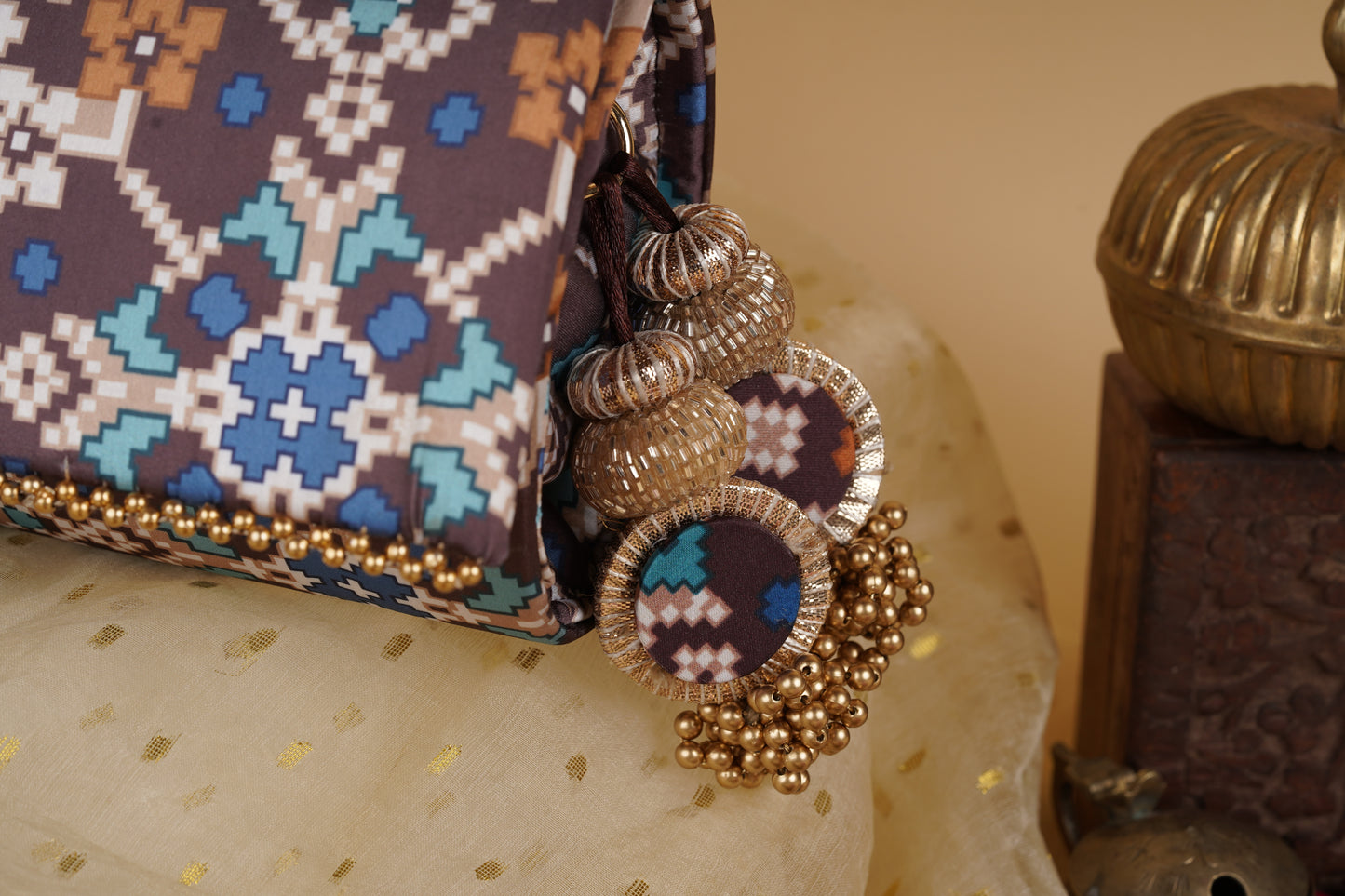 IBHI Classic Beaded Clutch- Chocolate Brown Navratna Patola