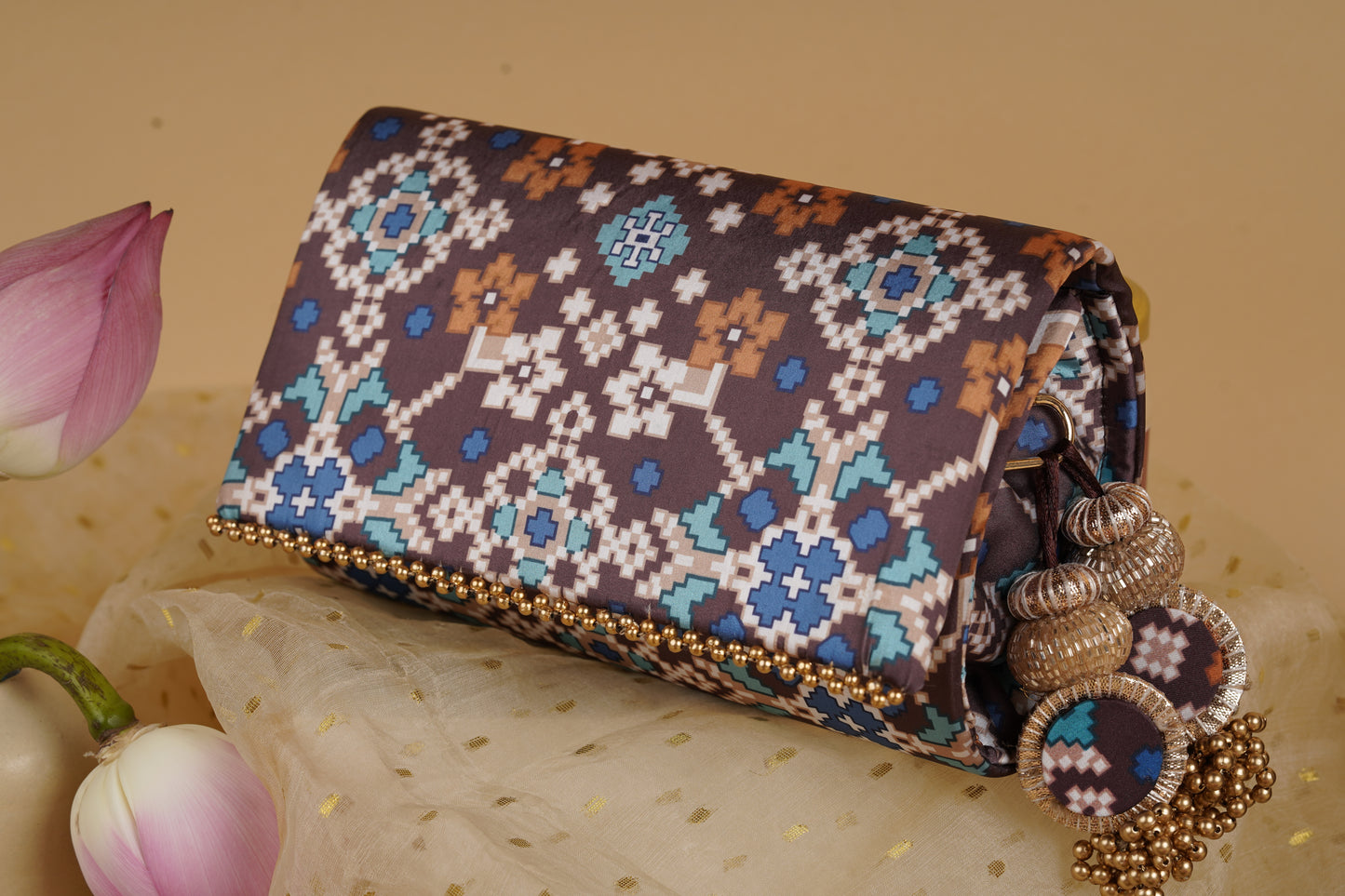 IBHI Classic Beaded Clutch- Chocolate Brown Navratna Patola