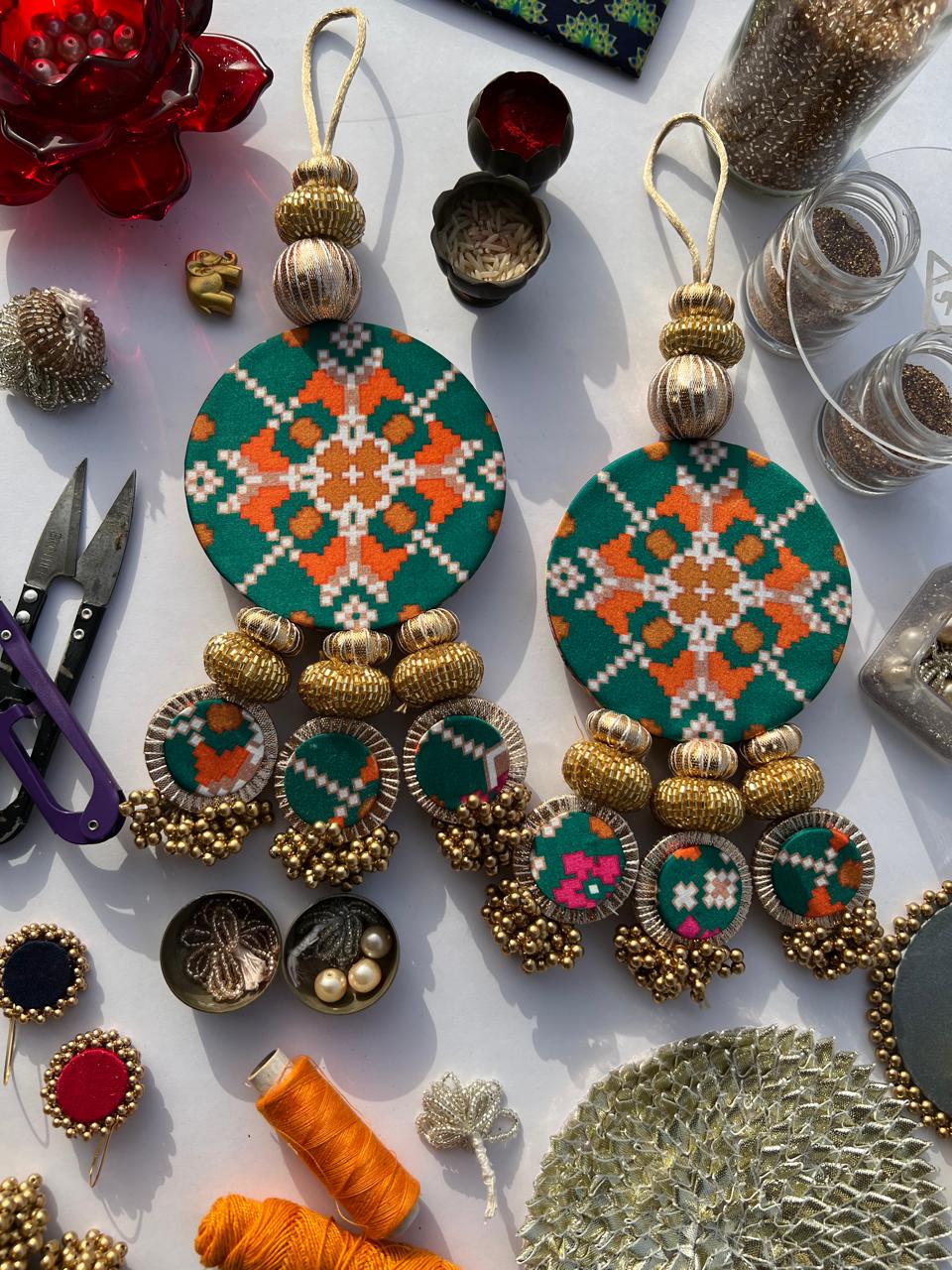 IBHI's Classic Shubh Labh Danglers: OG Inflorescence Divine Pichwai + Bottle Green Navratna Patola