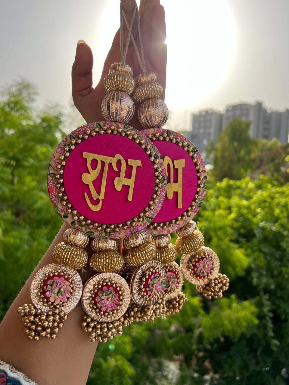 IBHI's Classic Shubh Labh Danglers: OG Inflorescence Divine Pichwai + Bottle Green Navratna Patola