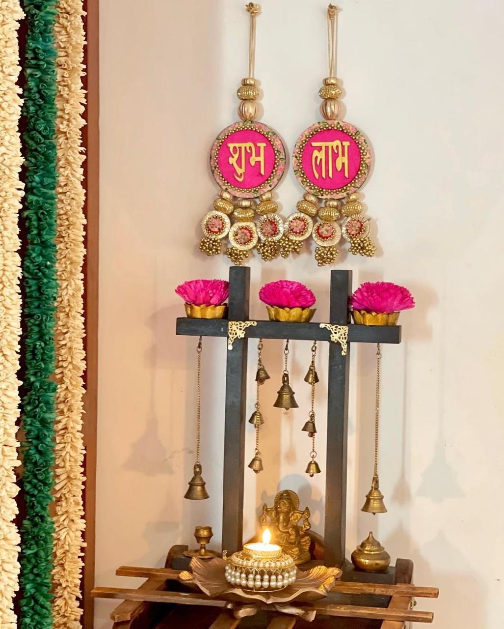 IBHI's Classic Shubh Labh Danglers: OG Inflorescence Divine Pichwai + Bottle Green Navratna Patola