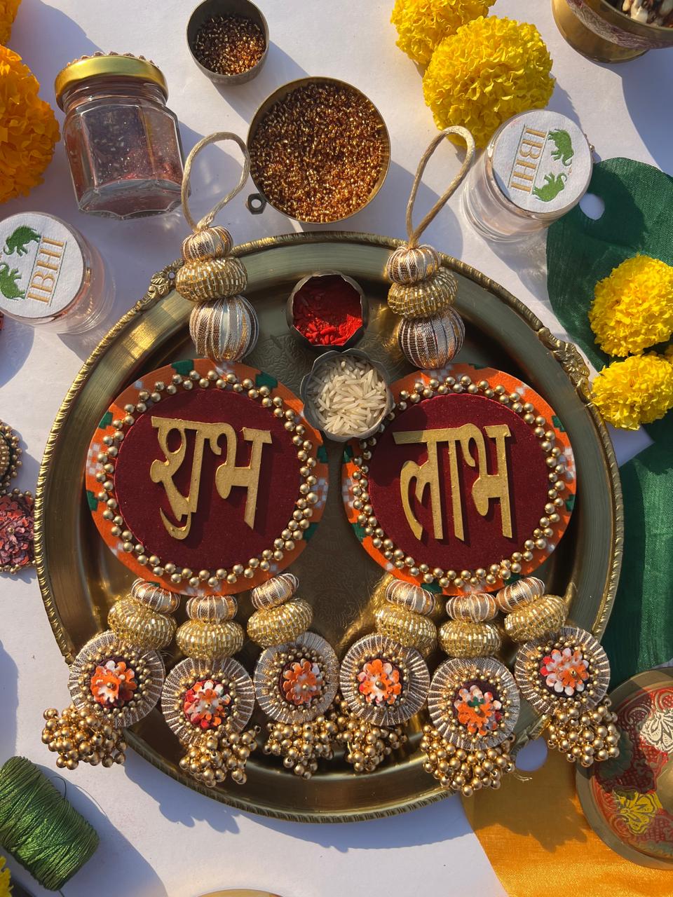 IBHI's Classic Shubh Labh Danglers- Maroon and Golden Yellow