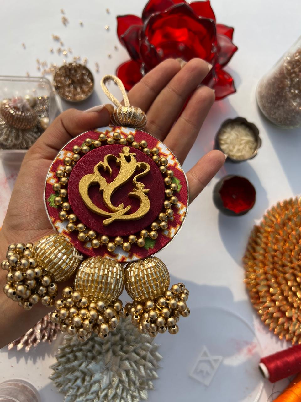 Bling Maroon Navratna Patola Ganesh Charms: Set of 2