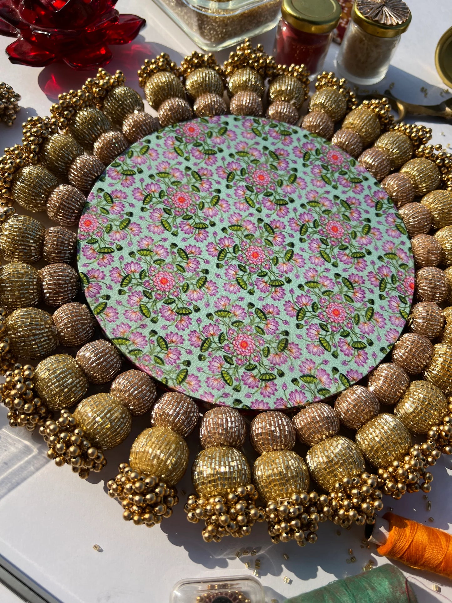 Spherical Chaandbali Pastel Pistachio Inflorescence Divine Pichwai and Pink Navratna Patola Rangoli