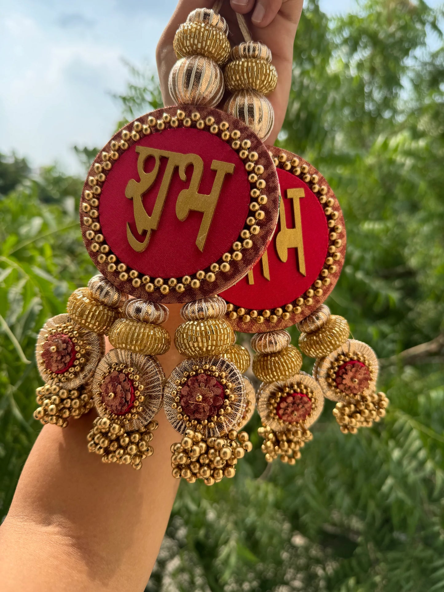 IBHI's Classic Shubh Labh Danglers: OG Inflorescence Divine Pichwai + Bottle Green Navratna Patola