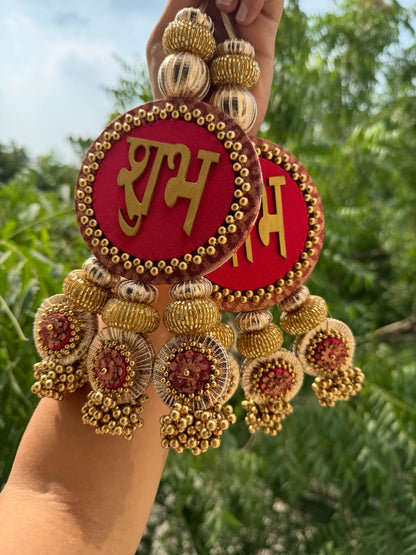 IBHI's Classic Shubh Labh Danglers: OG Inflorescence Divine Pichwai + Bottle Green Navratna Patola