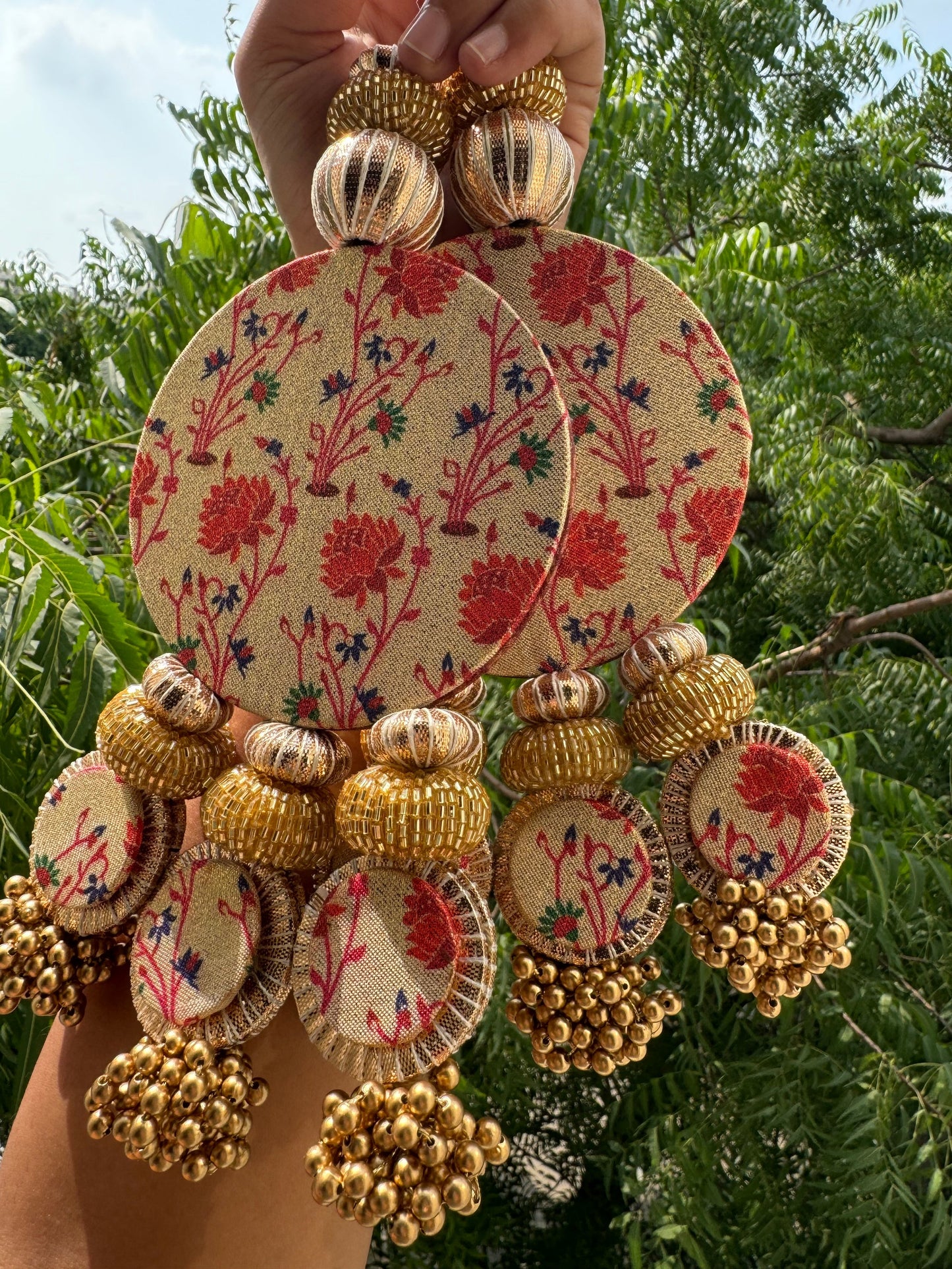 IBHI's Classic Shubh Labh Danglers: OG Inflorescence Divine Pichwai + Bottle Green Navratna Patola
