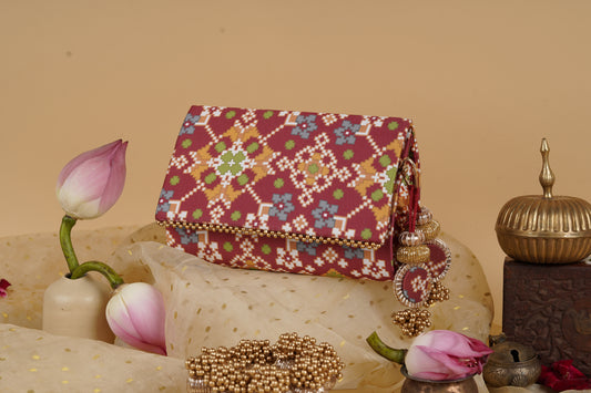 IBHI Classic Beaded Clutch- Maroon Navratna Patola