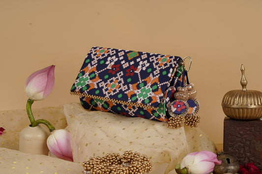 IBHI Classic Beaded Clutch- Navy Blue Navratna Patola